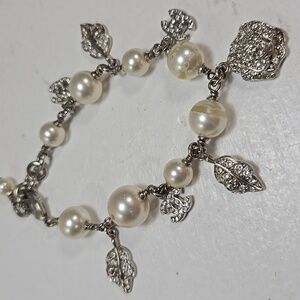 Chanel Crystal & Faux Pearl Silver Tone Charm Bracelet